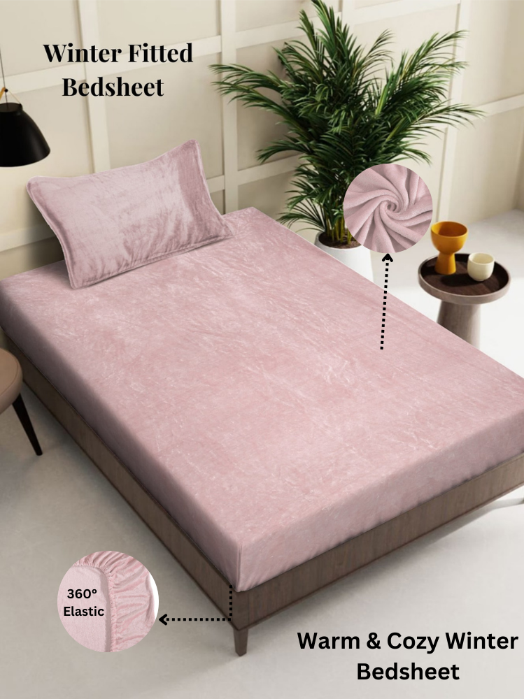 Arrabi Light Pink Solid Single Size Warm Woolen Fitted Bedsheet with 1 Pillow Cover