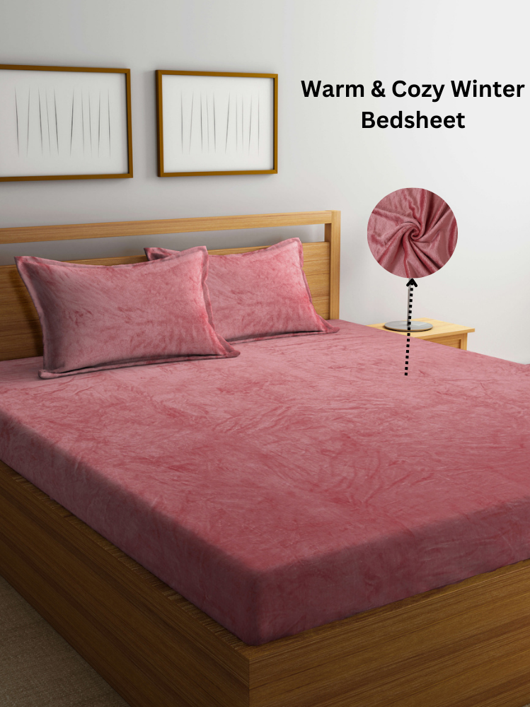 Arrabi Rust Solid King Size Warm Woolen Bedsheet with 2 Pillow Covers