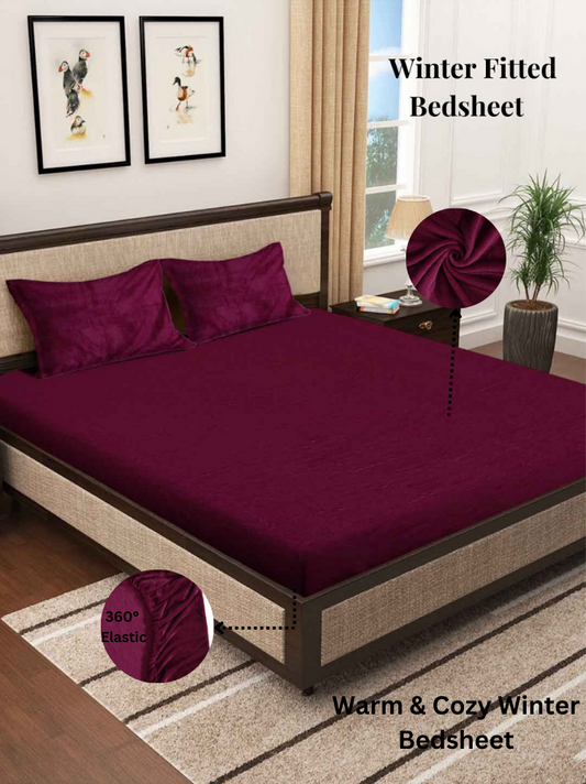 Arrabi Maroon Solid King Size Warm Woolen Fitted Bedsheet with 2 Pillow Covers
