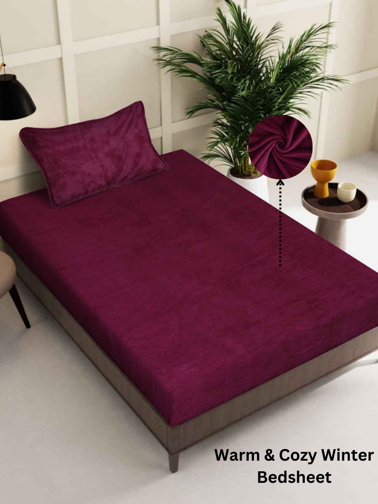 Arrabi Maroon Solid Single Size Warm Woolen Bedsheet with 1 Pillow Cover