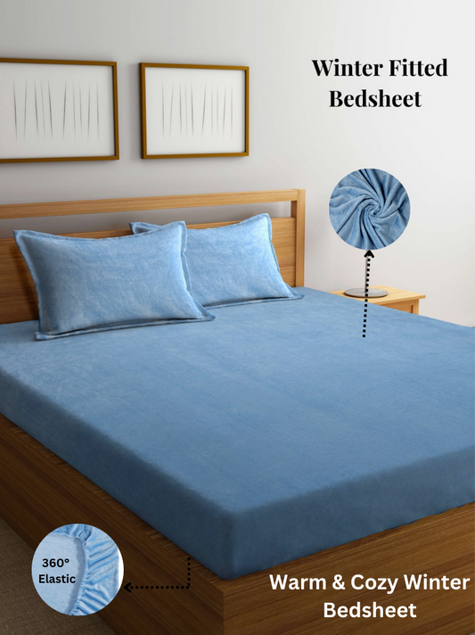 Arrabi SkyBlue Solid King Size Warm Woolen Fitted Bedsheet with 2 Pillow Covers