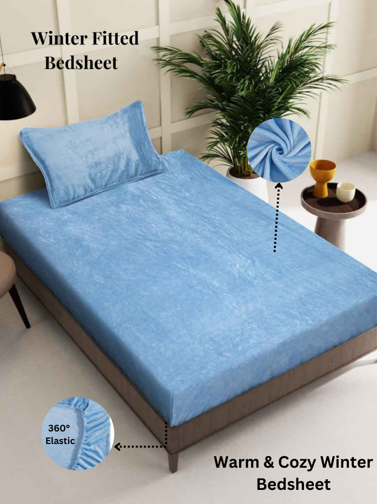 Arrabi Sky Blue Solid Single Size Warm Woolen Fitted Bedsheet with 1 Pillow Cover