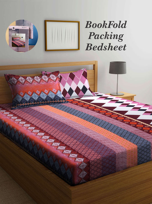 Arrabi Multi Indian TC Cotton Blend King Size Bookfold Bedsheet with 2 Pillow Covers (250 X 220 cm)