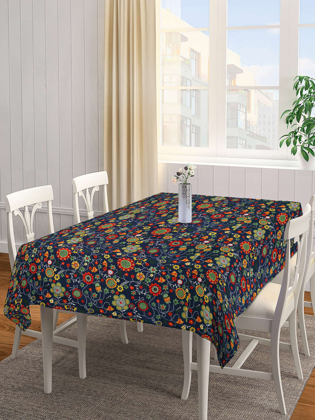 Arrabi Blue Floral Cotton Blend 8 SEATER Table Cover (215 X 150 cm)
