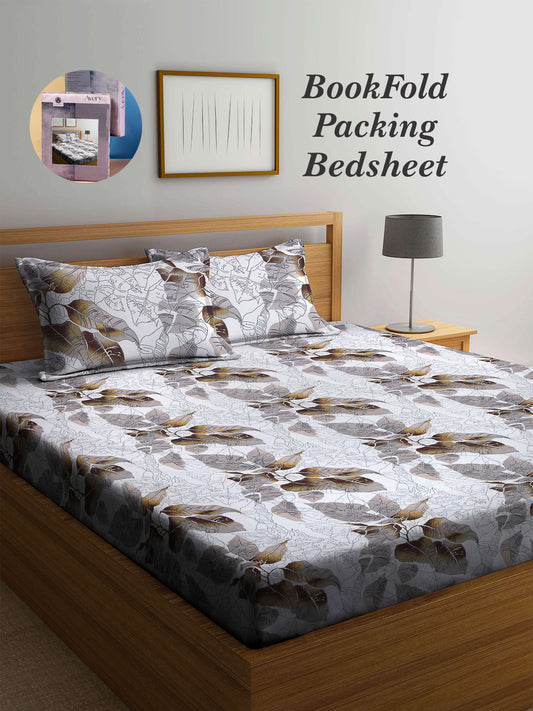 Arrabi Multi Leaf TC Cotton Blend Super King Size Bookfold Bedsheet with 2 Pillow Covers (270 X 260 cm)