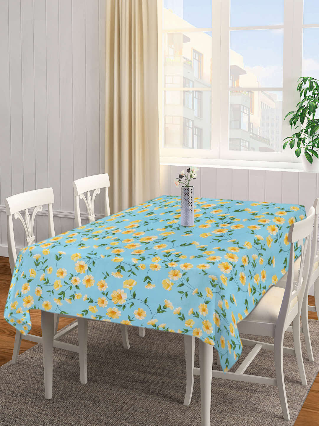 Arrabi Teal Floral Cotton Blend 6 SEATER Table Cover (180 X 130 cm)