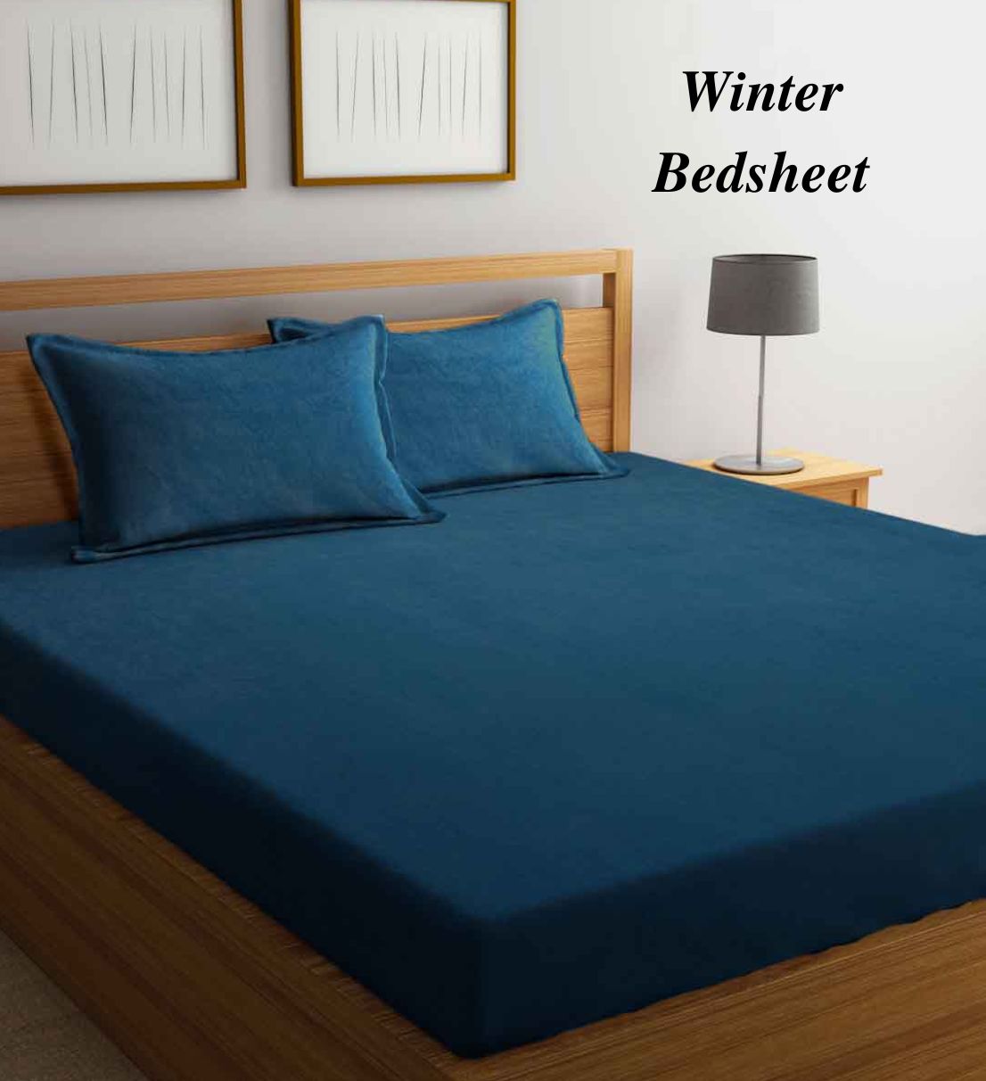 Arrabi Blue Solid Fleece King Size Warm Woolen Bedsheet with 2 Pillow Covers