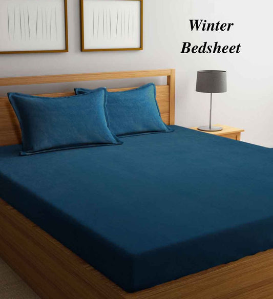 Arrabi Blue Solid Fleece King Size Warm Woolen Bedsheet with 2 Pillow Covers