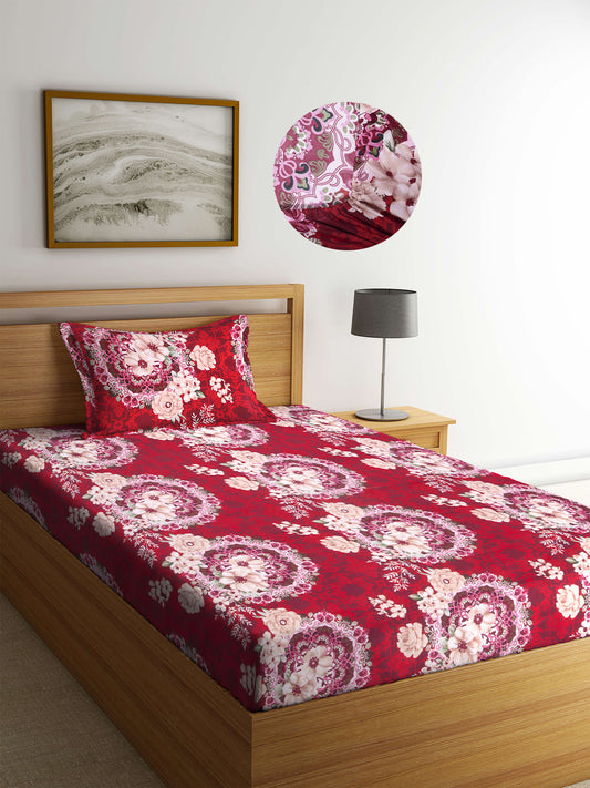 Arrabi Red Floral TC Cotton Blend Single Size Fitted Bedsheet with 1 Pillow Cover (220 X 150 cm)