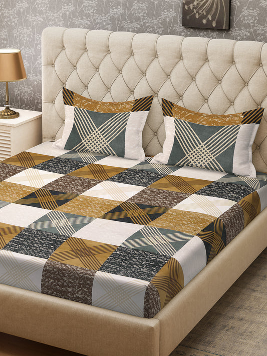 Arrabi Multi Geometric TC Cotton Blend Super King Size Bedsheet with 2 Pillow Covers (270 x 260 cm)