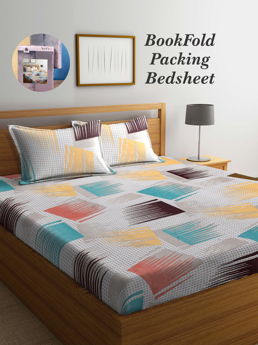 Arrabi Multi Graphic TC Cotton Blend King Size Bookfold Bedsheet with 2 Pillow Covers (250 X 215 cm)