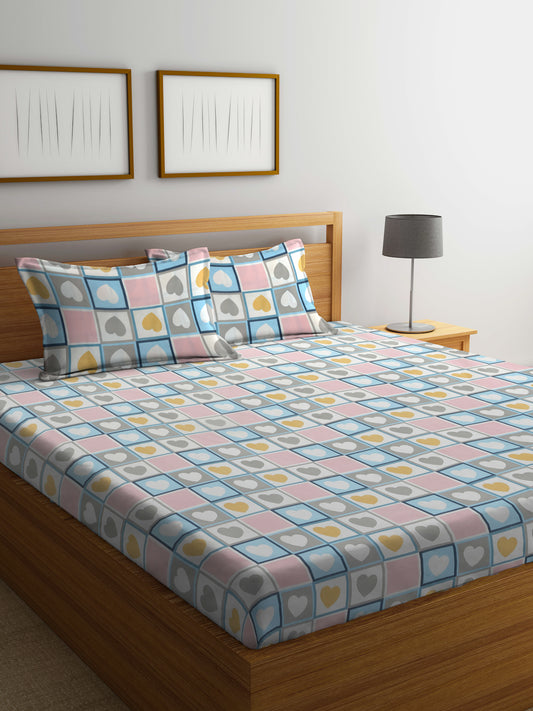 Arrabi Multi Geometric TC Cotton Blend Super King Size Bedsheet with 2 Pillow Covers (270 X 260 cm)