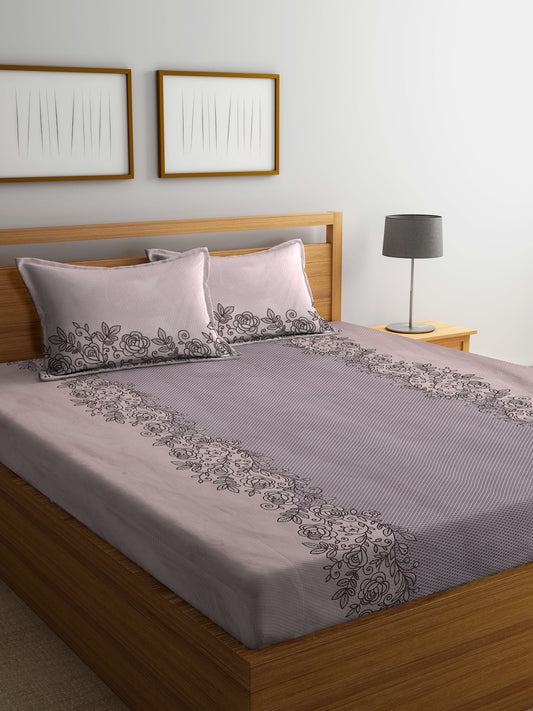 Arrabi Brown Floral TC Cotton Blend King Size Bedsheet with 2 Pillow Covers (250 X 215 cm)