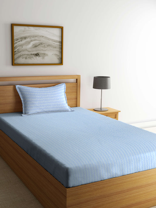Arrabi Blue Striped TC Cotton Blend Single Size Bedsheet with 1 Pillow Cover (215 x 150 cm)