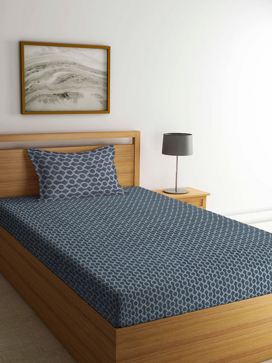 Arrabi Grey Geometric Handwoven Cotton Single Size Bedsheet with 1 Pillow Cover (230 x 150 cm)
