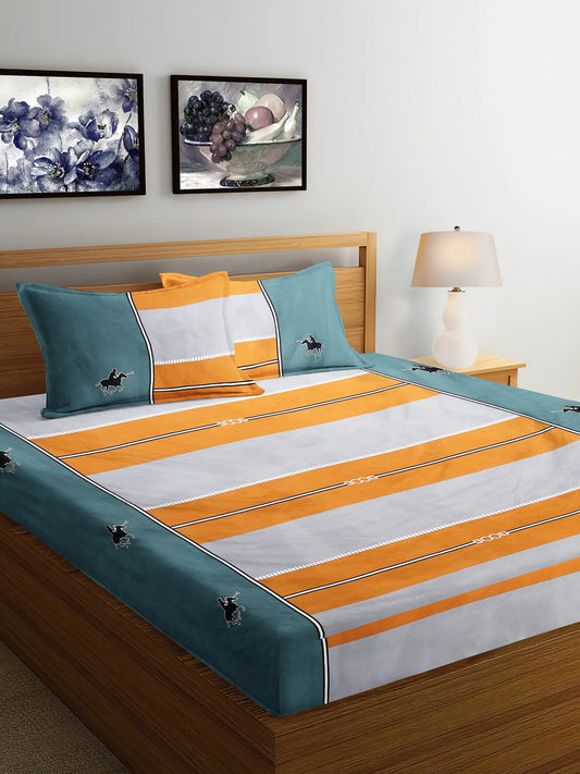 Arrabi Multi Stripes TC Cotton Blend Super King Size Bedsheet with 2 Pillow Covers (270 x 260 cm)