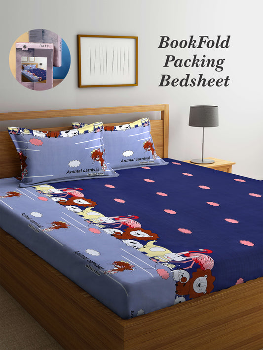 Arrabi Blue Cartoon TC Cotton Blend King Size Bookfold Bedsheet with 2 Pillow Covers (250 X 220 cm)