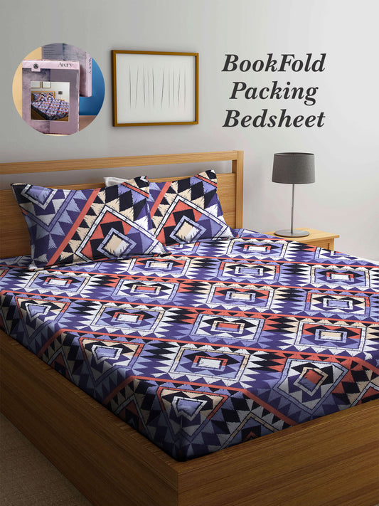 Arrabi Multi Geometric TC Cotton Blend King Size Bookfold Bedsheet with 2 Pillow Covers (250 X 220 cm)