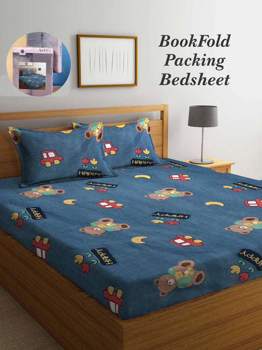 Arrabi Blue Cartoon TC Cotton Blend King Size Bookfold Bedsheet with 2 Pillow Covers (250 X 215 cm)