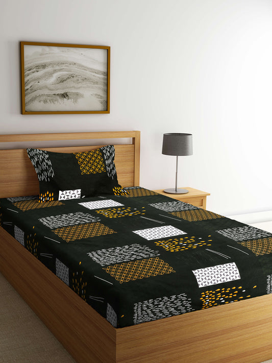 Arrabi Green Geometric TC Cotton Blend Single Size Bedsheet with 1 Pillow Cover (215 x 150 cm)