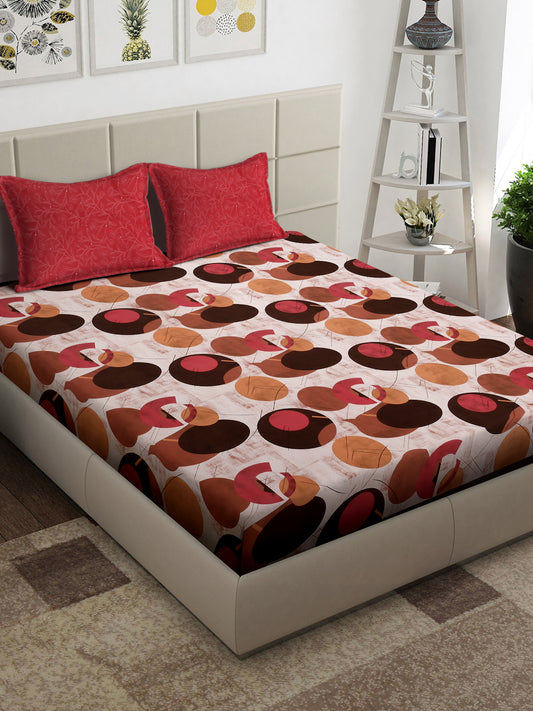 Arrabi Brown Geometric TC Cotton Blend Super King Size Bedsheet with 2 Pillow Covers (270 x 260 cm)