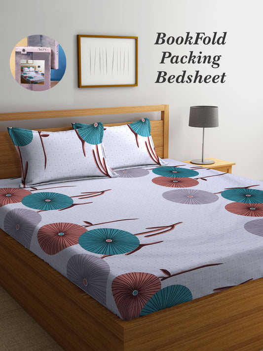 Arrabi Grey Floral TC Cotton Blend King Size Bookfold Bedsheet with 2 Pillow Covers (250 X 215 cm)