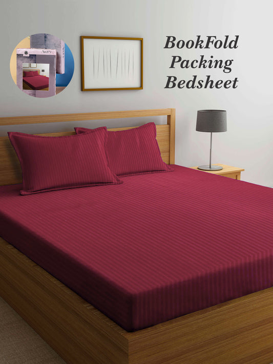 Arrabi Red Stripes TC Cotton Blend King Size Bookfold Bedsheet with 2 Pillow Covers (250 X 220 cm)
