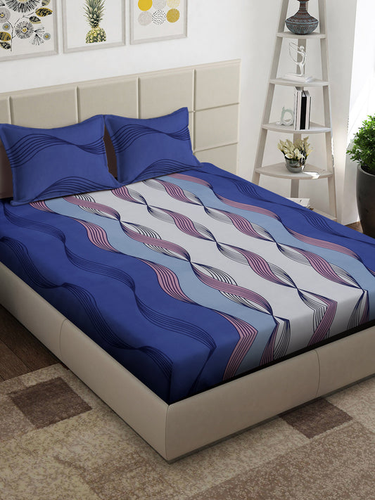 Arrabi Blue Stripes TC Cotton Blend Super King Size Bedsheet with 2 Pillow Covers (270 x 260 cm)