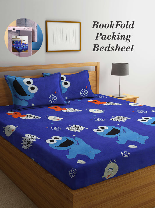 Arrabi Blue Cartoon TC Cotton Blend King Size Bookfold Bedsheet with 2 Pillow Covers (250 X 215 cm)