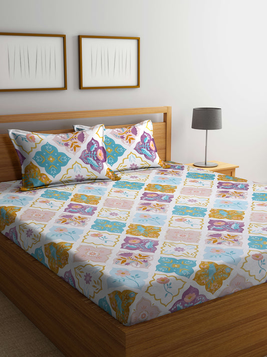 Arrabi Multi Floral TC Cotton Blend King Size Bedsheet with 2 Pillow Covers (250 X 215 cm)