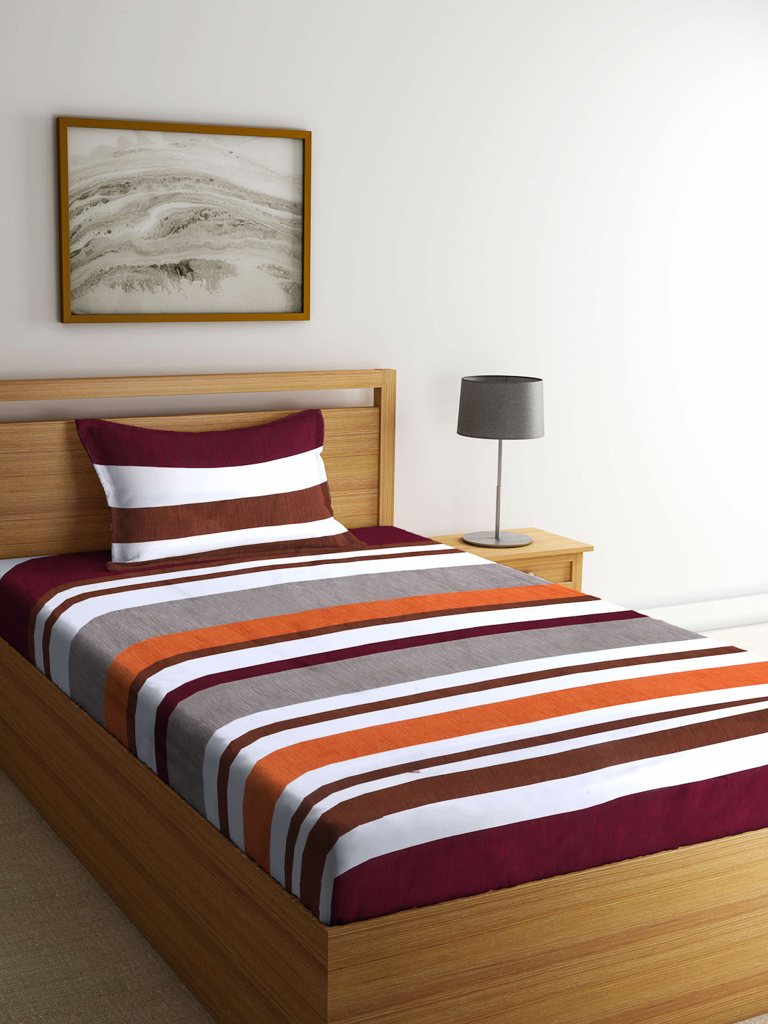 Arrabi Multi Stripes TC Cotton Blend Single Size Bedsheet with 1 Pillow Cover (220 x 150 cm)