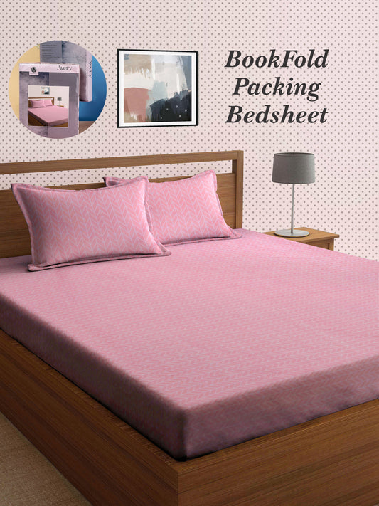 Arrabi Pink Graphic TC Cotton Blend King Size Bookfold Bedsheet with 2 Pillow Covers (250 X 220 cm)