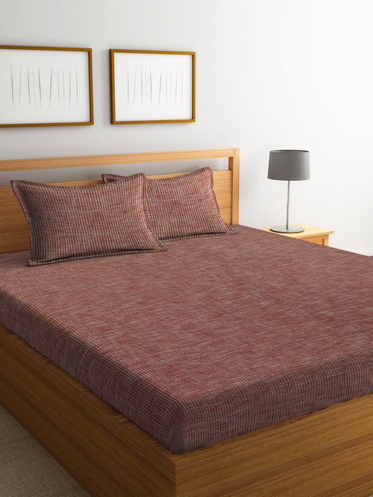 Arrabi Brown Stripes Handwoven Cotton king Size Bedsheet with 2 Pillow Covers (260 X 230 cm)