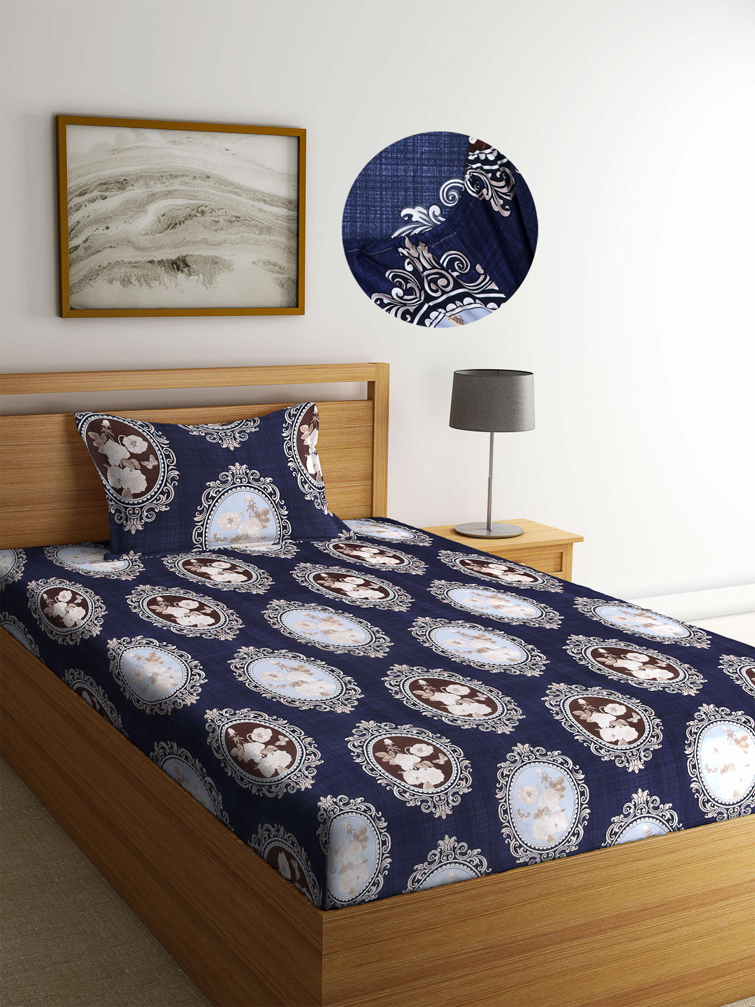 Arrabi Blue Indian TC Cotton Blend Single Size Fitted Bedsheet with 1 Pillow Cover (220 X 150 cm)