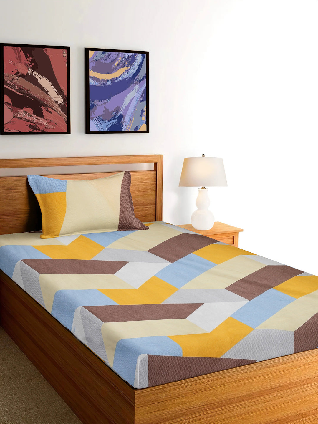 Arrabi Multi Geometric TC Cotton Blend Single Size Bedsheet with 1 Pillow Cover (215 x 150 cm)