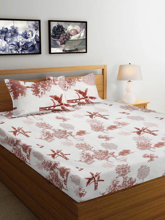 Arrabi Cream Leaf TC Cotton Blend King Size Bedsheet with 2 Pillow Covers (250 x 215 cm)