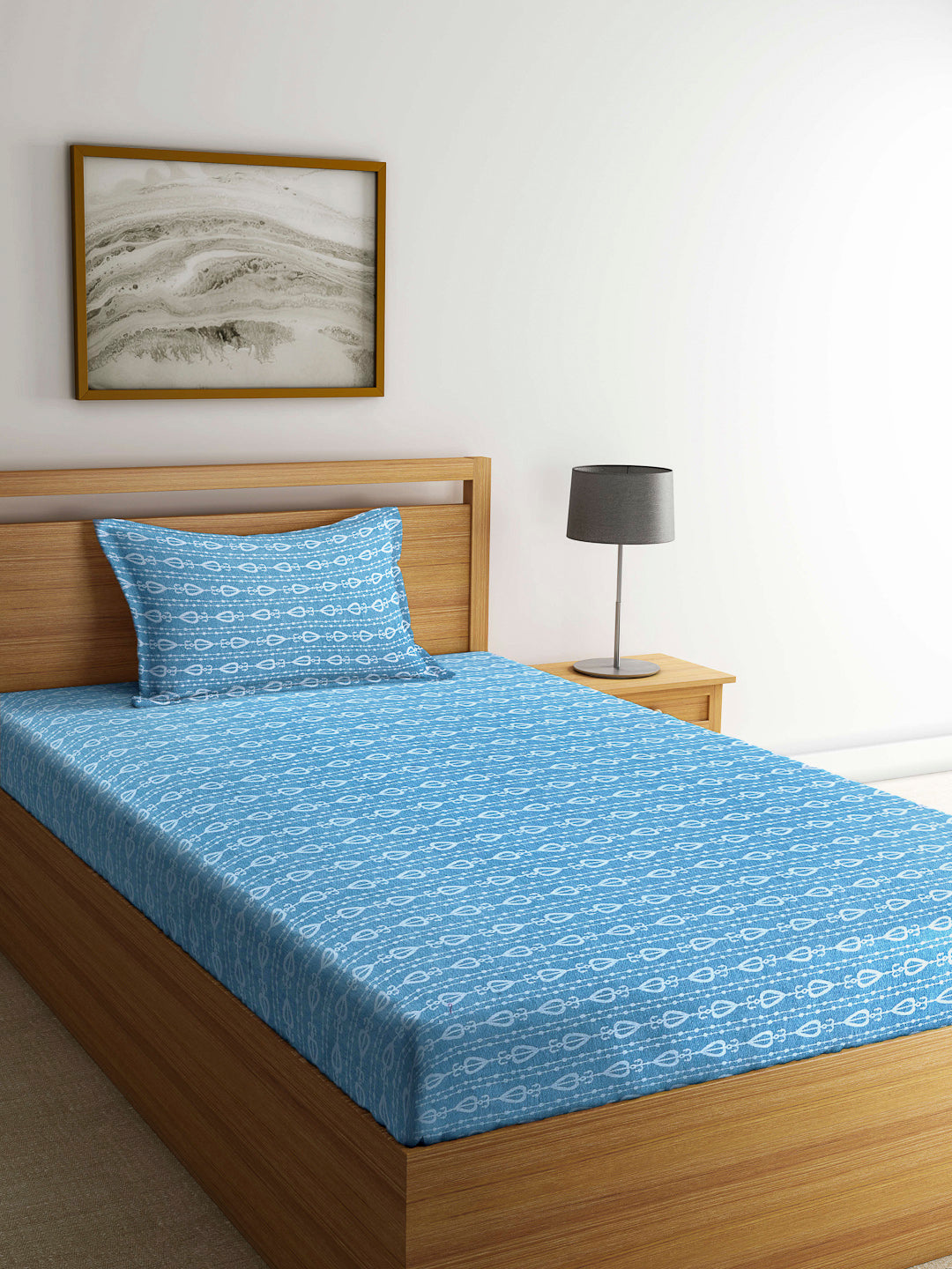 Arrabi Blue Indian Handwoven Cotton Single Size Bedsheet with 1 Pillow Cover (230 x 150 cm)