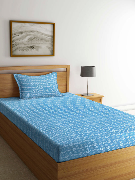 Arrabi Blue Indian Handwoven Cotton Single Size Bedsheet with 1 Pillow Cover (230 x 150 cm)