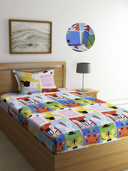 Arrabi Multi Cartoon TC Cotton Blend Single Size Fitted Bedsheet with 1 Pillow Cover (220 X 150 cm)