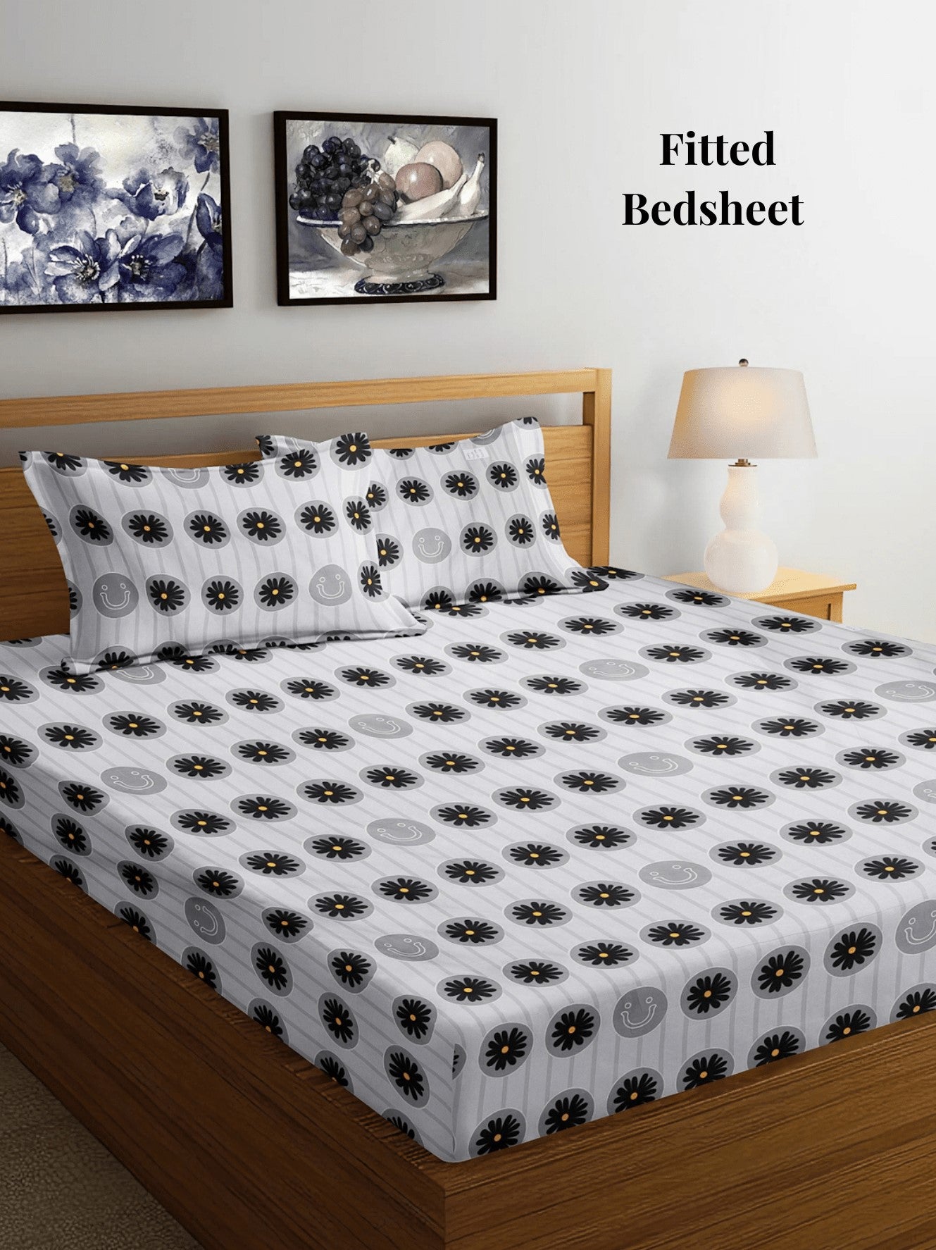Arrabi Grey Floral TC Cotton Blend Super King Size Fitted Bedsheet with 2 Pillow Covers (270 X 260 Cm)