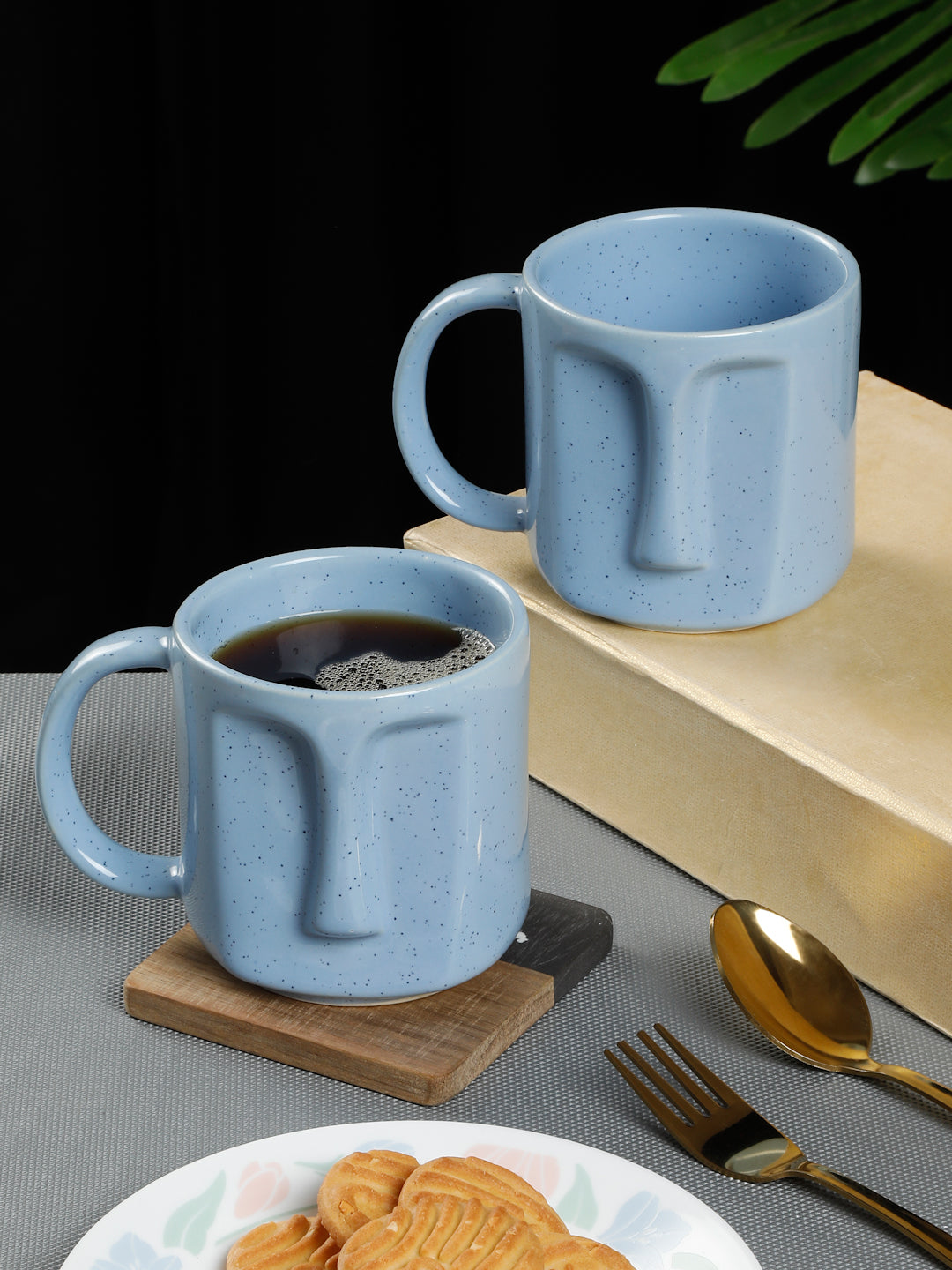 Solid Set of 2 Stoneware Glazed Face Mugs