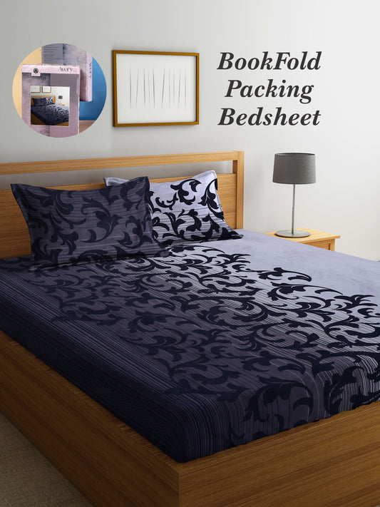 Arrabi Black Floral TC Cotton Blend King Size Bookfold Bedsheet with 2 Pillow Covers (250 X 215 cm)