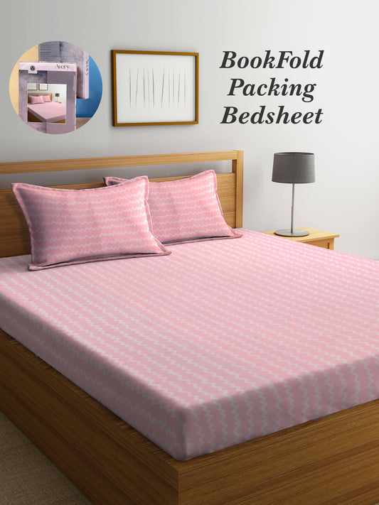 Arrabi Pink Stripes TC Cotton Blend King Size Bookfold Bedsheet with 2 Pillow Covers (250 X 215 cm)