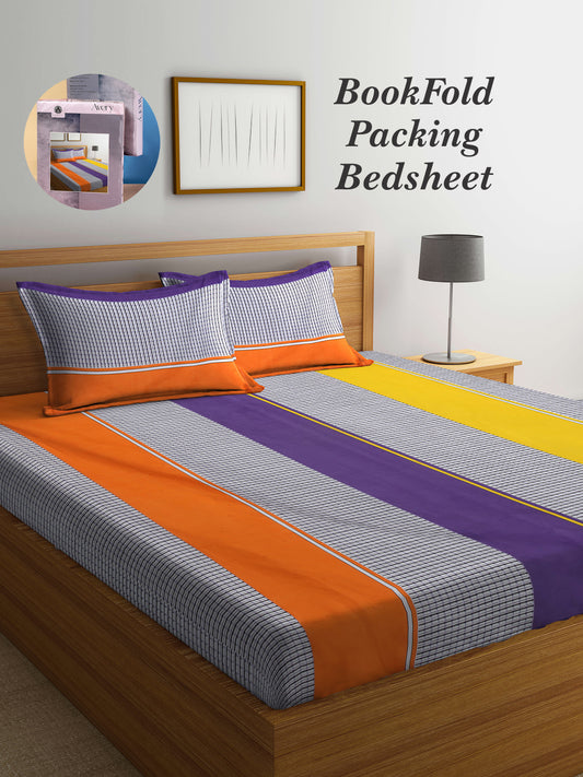 Arrabi Multi Geometric TC Cotton Blend King Size Bookfold Bedsheet with 2 Pillow Covers (250 X 215 cm)