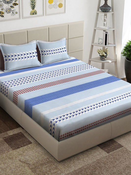 Arrabi Blue Geometric TC Cotton Blend King Size Bedsheet with 2 Pillow Covers (250 x 215 cm)