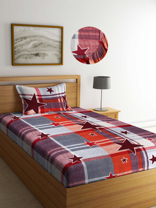 Arrabi Multi Geometric TC Cotton Blend Single Size Fitted Bedsheet with 1 Pillow Cover (220 X 150 cm)