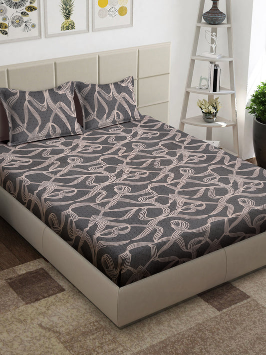 Arrabi Grey Abstract TC Cotton Blend King Size Bedsheet with 2 Pillow Covers (250 x 215 cm)