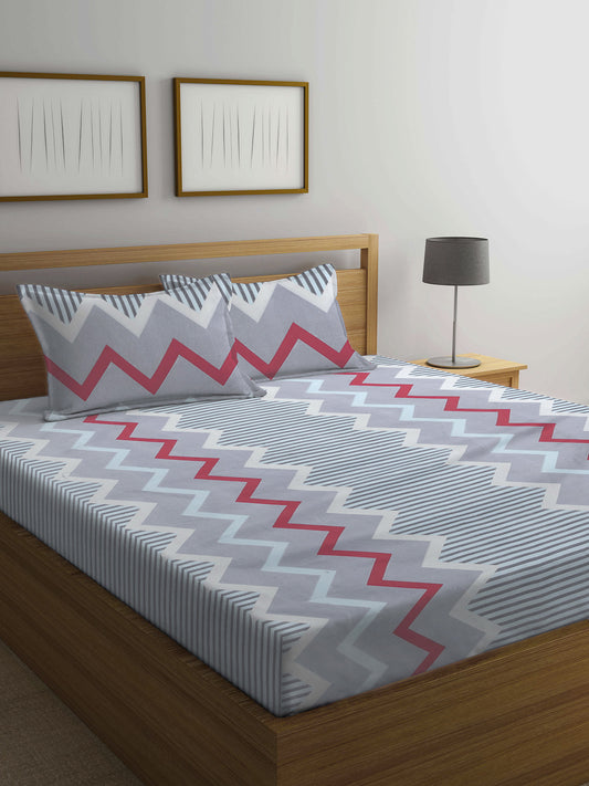 Arrabi Grey Geometric TC Cotton Blend King Size Bedsheet with 2 Pillow Covers (250 X 215 cm)