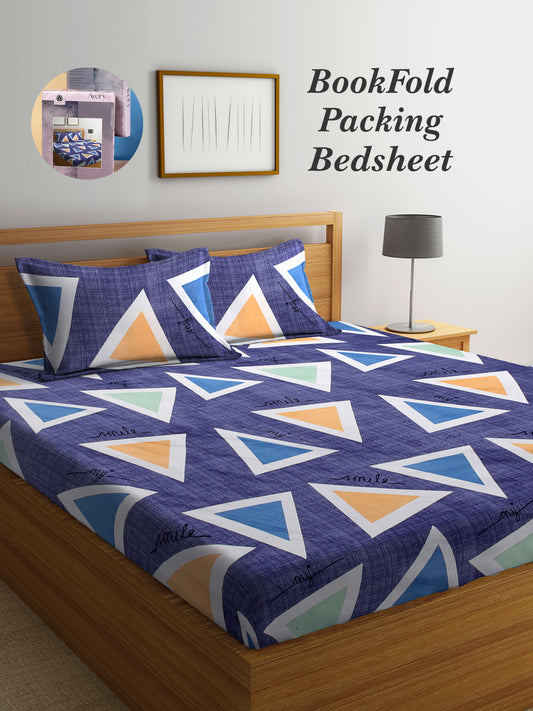 Arrabi Multi Geometric TC Cotton Blend Super King Size Bookfold Bedsheet with 2 Pillow Covers (270 X 260 cm)