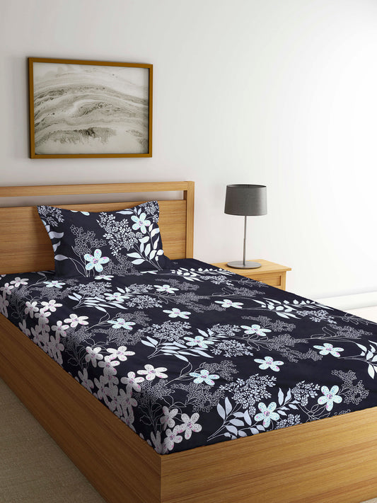 Arrabi Black Floral TC Cotton Blend Single Size Bedsheet with 1 Pillow Cover (220 x 150 cm)